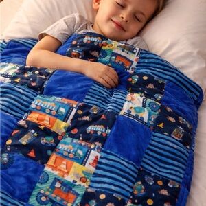 Kids 3lb Weighted Blanket – Blue Trucks, Dual-Sided Minky Fleece, Soft & Cozy